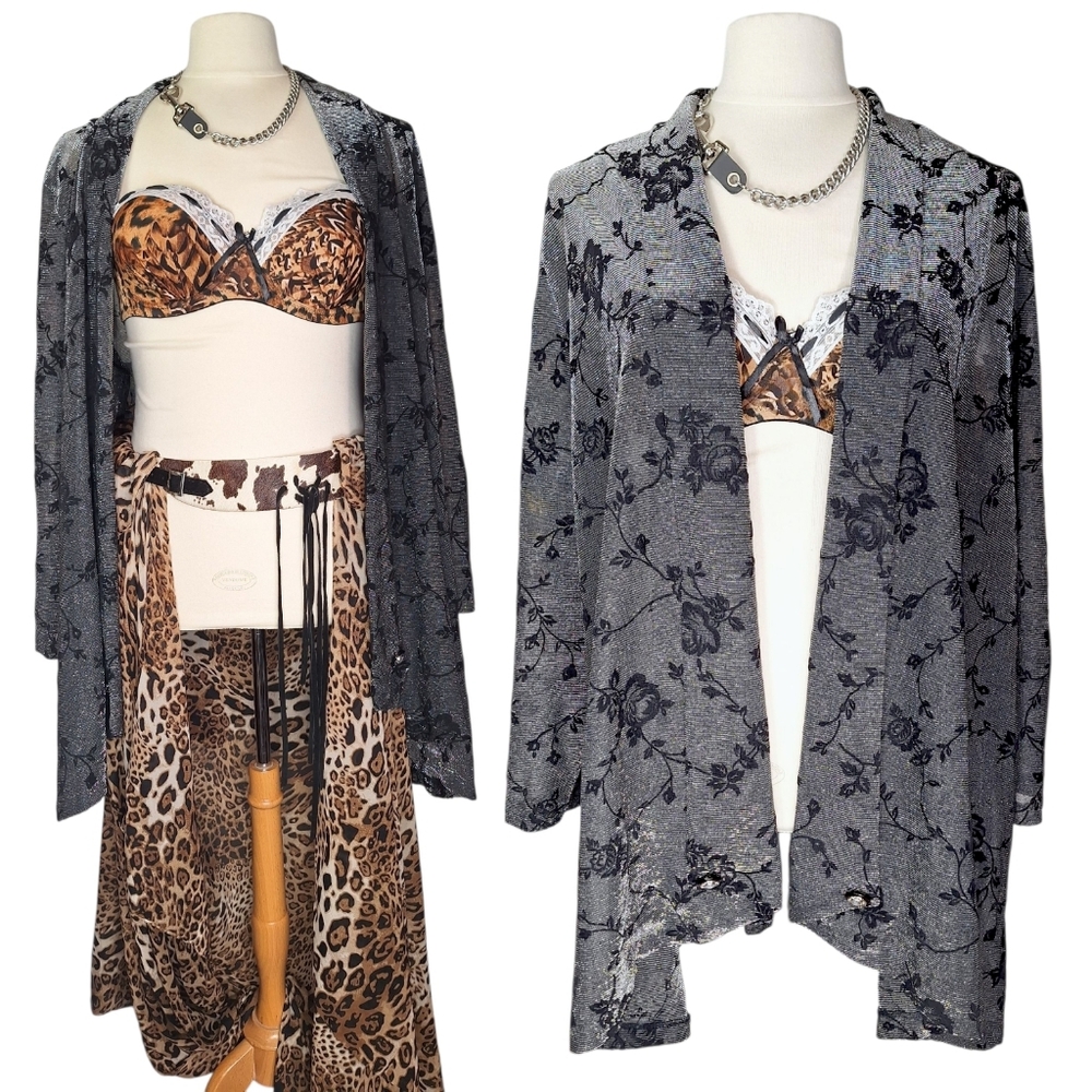 Vintage Plus Size 24W 90s Cardigan Open Front Velvet Floral Metallic Whimsigoth